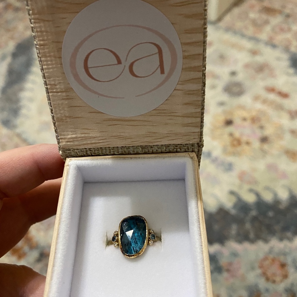 14k SS Teal Kyanite With London Blue Topaz and Diamonds Ring from Emily Amey